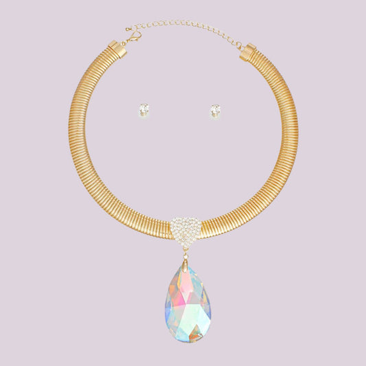 Gold-Tone Necklace Set with Aurora Borealis Teardrop Pendant Jewelry Bubble