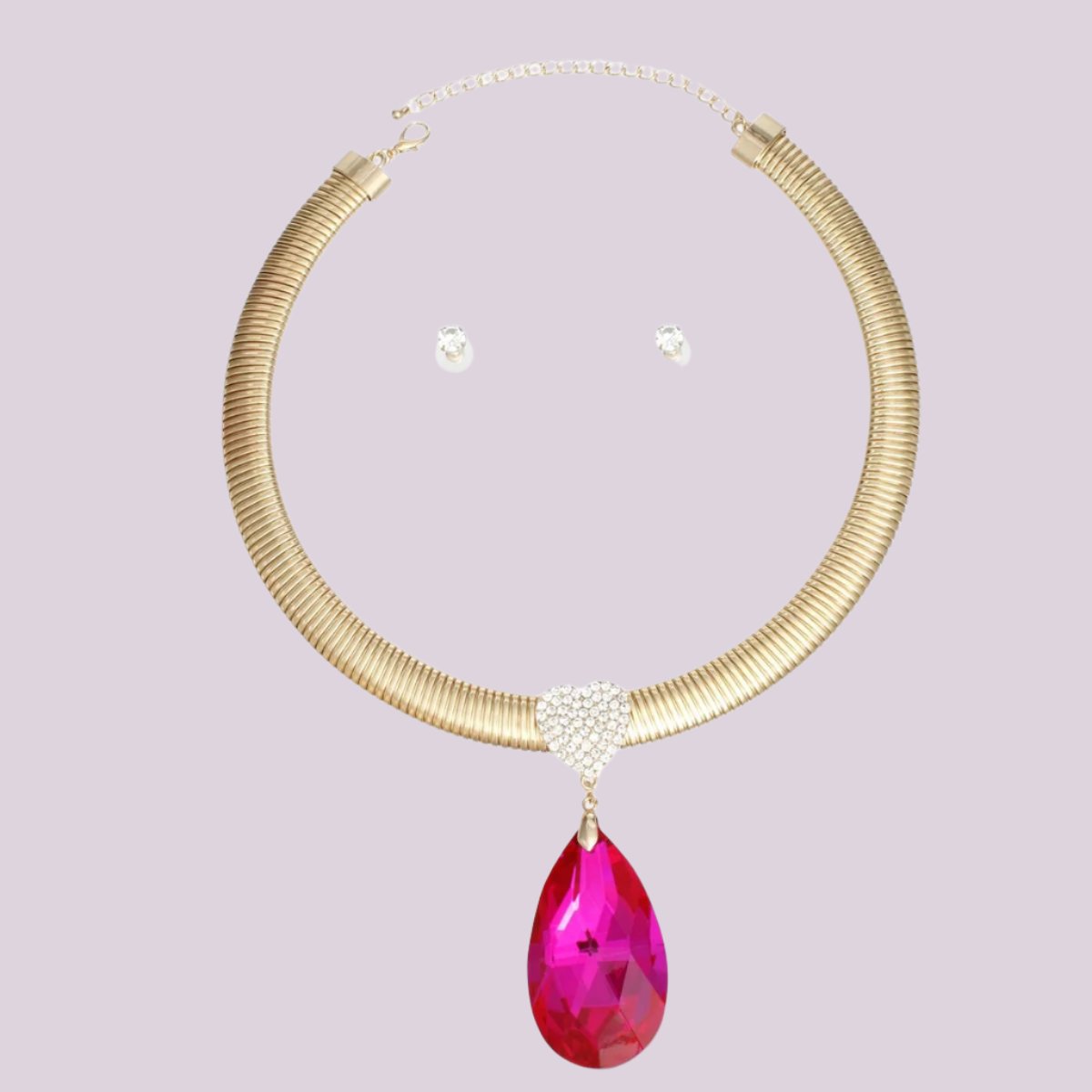 Gold-Tone Necklace Set with Fuchsia Teardrop Pendant Jewelry Bubble