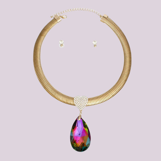 Gold-Tone Necklace Set with Pink Green Teardrop Pendant Jewelry Bubble