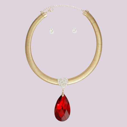 Gold-Tone Necklace Set with Ruby Teardrop Pendant Jewelry Bubble