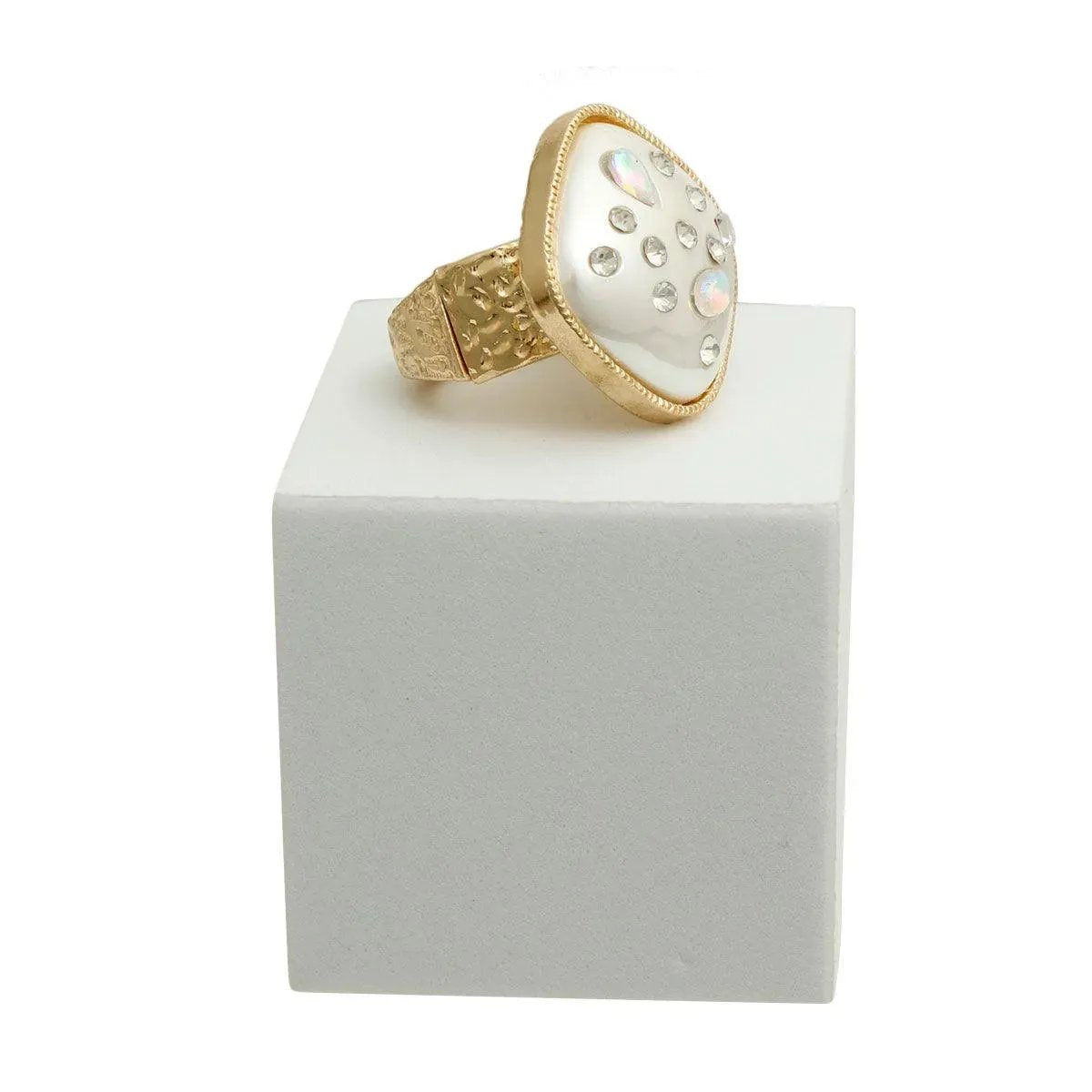 Gold Tone, Resin Pearl & Rhinestone Square Ring