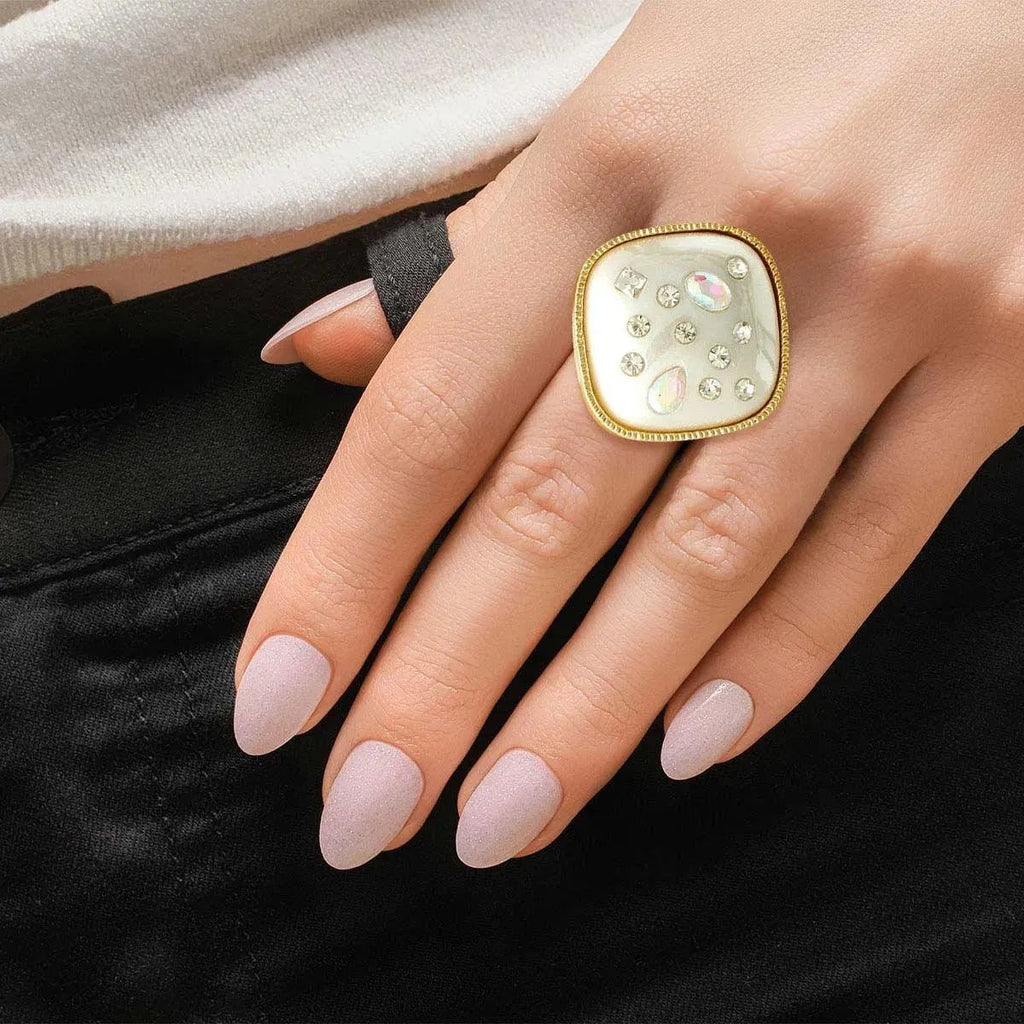 Gold Tone, Resin Pearl & Rhinestone Square Ring