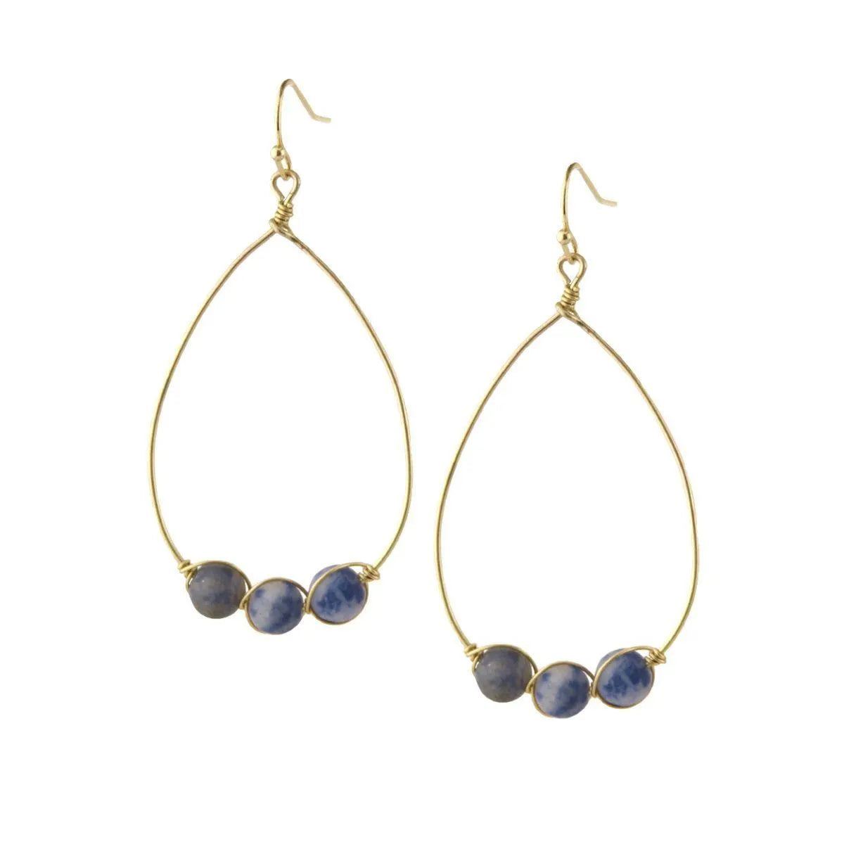 Gold Tone Teardrop Wire Hoop Earrings Blue Jewelry Bubble