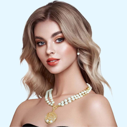 Gold-Tone and Matte White Bead Necklace Set Pinktown