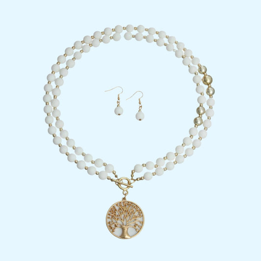 Gold-Tone and Matte White Bead Necklace Set Pinktown