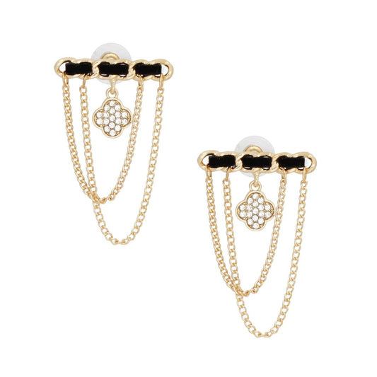 Gold Woven Bar Stud Earrings with Clover Charm Pinktown