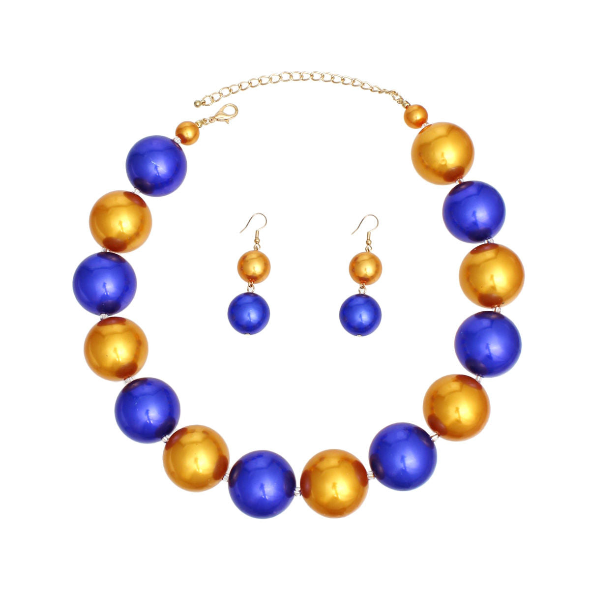 Gold and Blue Jumbo Pearl Bead Necklace with Matching Earrings Jewelry Bubble