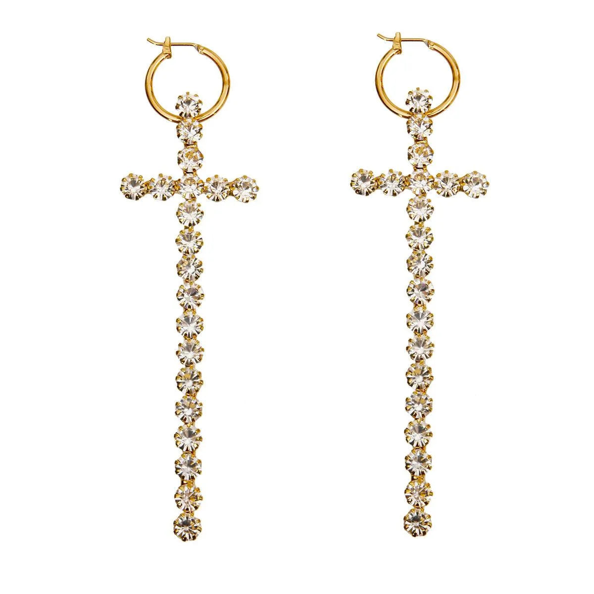 Gold-tone Embellished Rhinestone Cross Drop Earrings Jewelry Bubble