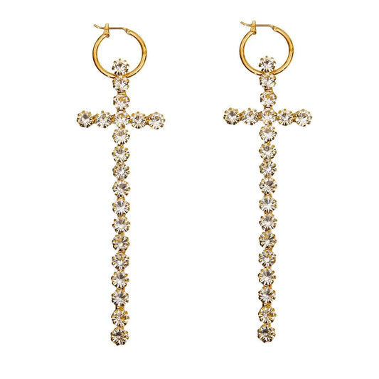 Gold-tone Embellished Rhinestone Cross Drop Earrings Jewelry Bubble