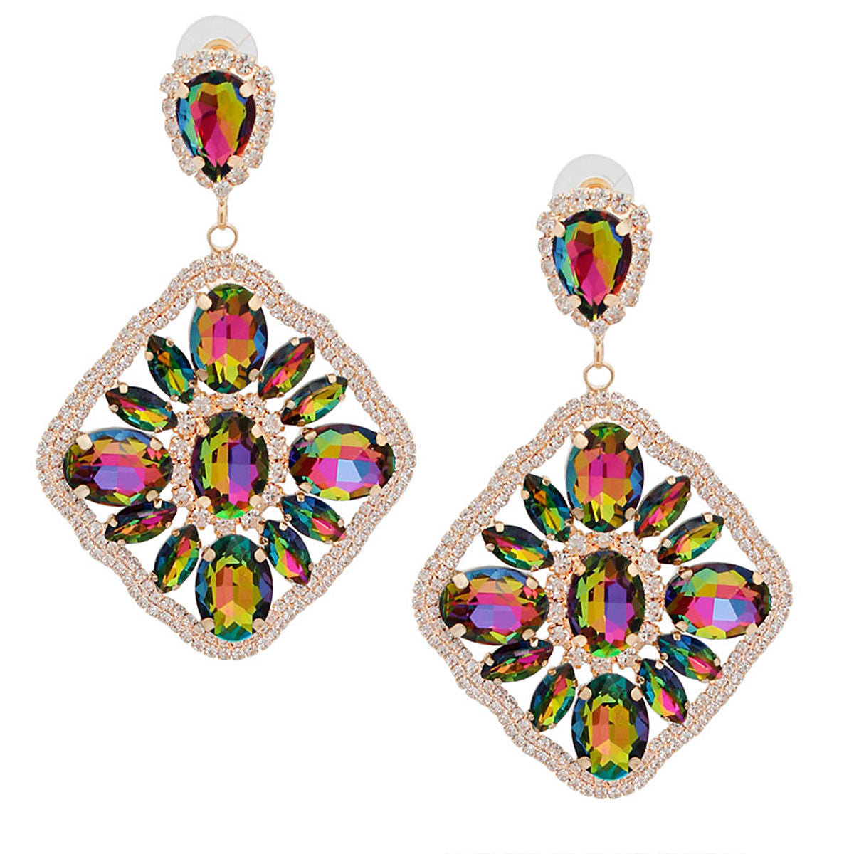 Gold Diamond Shaped Drop Earrings Pink Green Crystals Statement