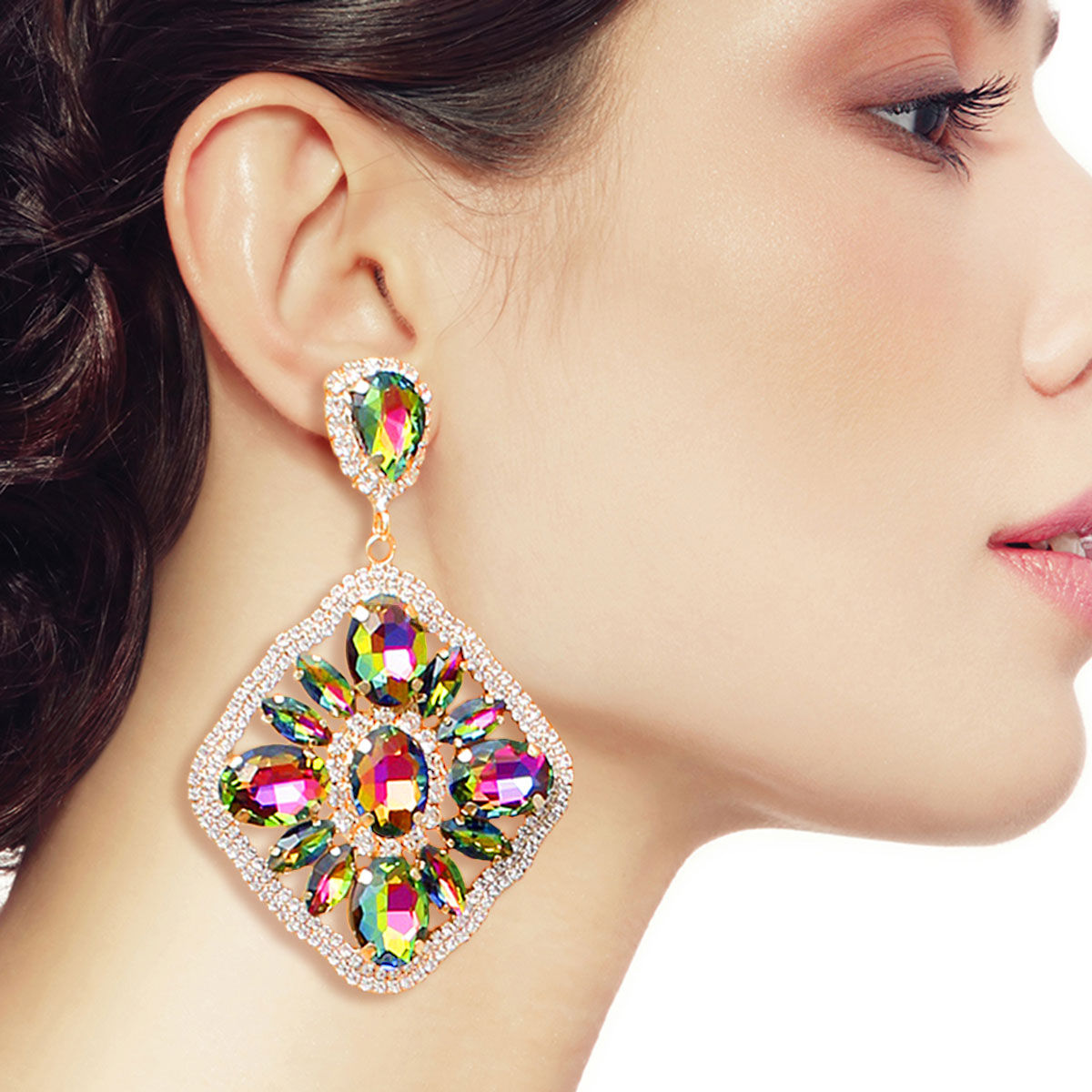 Gold Diamond Shaped Drop Earrings Pink Green Crystals Statement
