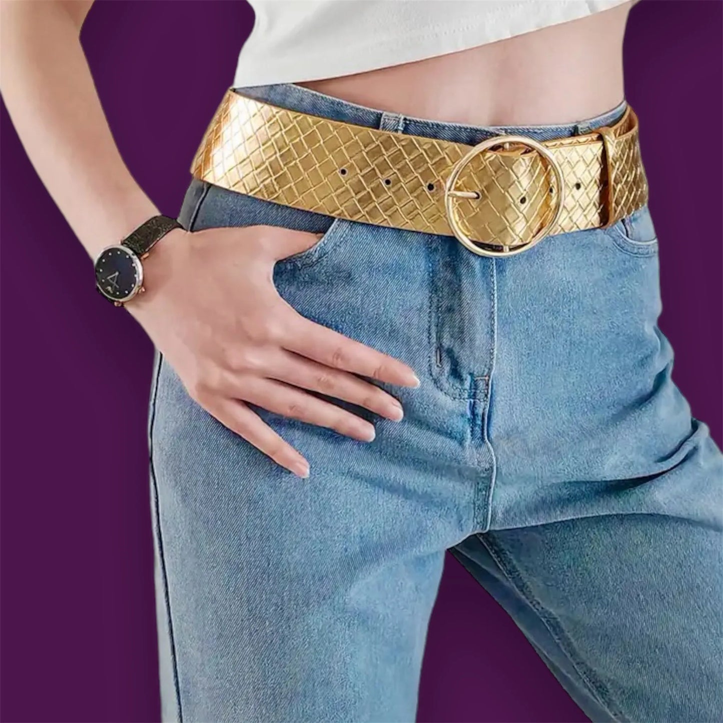 Golden Argyle Patterned Belt with Circle Buckle Jewelry Bubble