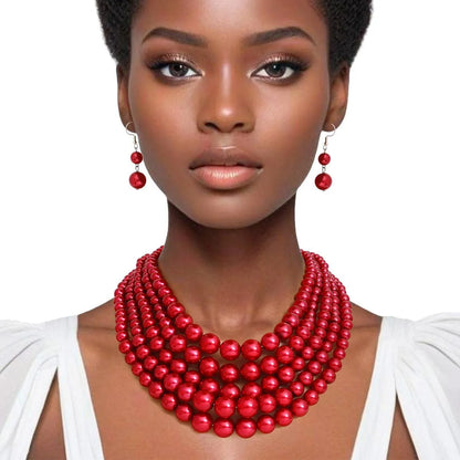 Gorgeous Layered Red Pearl Necklaces with Earrings Jewelry Bubble