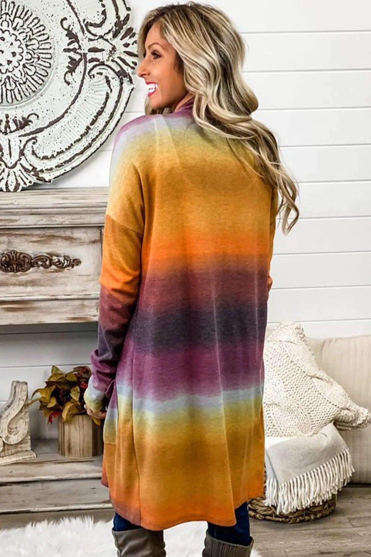 Gradient Tie-Dye Open Front Mid-Length Cardigan Jewelry Bubble