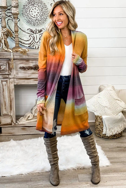 Gradient Tie-Dye Open Front Mid-Length Cardigan Jewelry Bubble