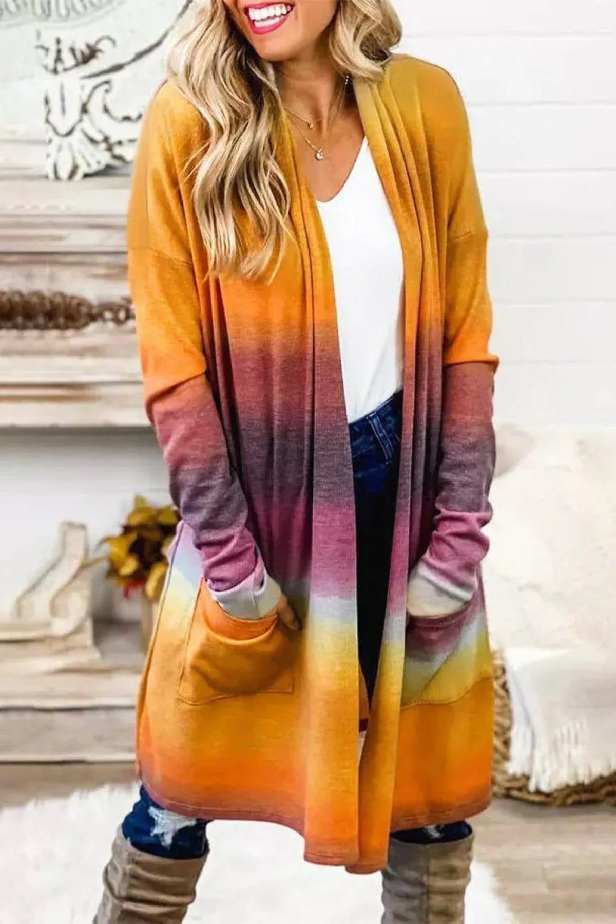 Gradient Tie-Dye Open Front Mid-Length Cardigan Jewelry Bubble