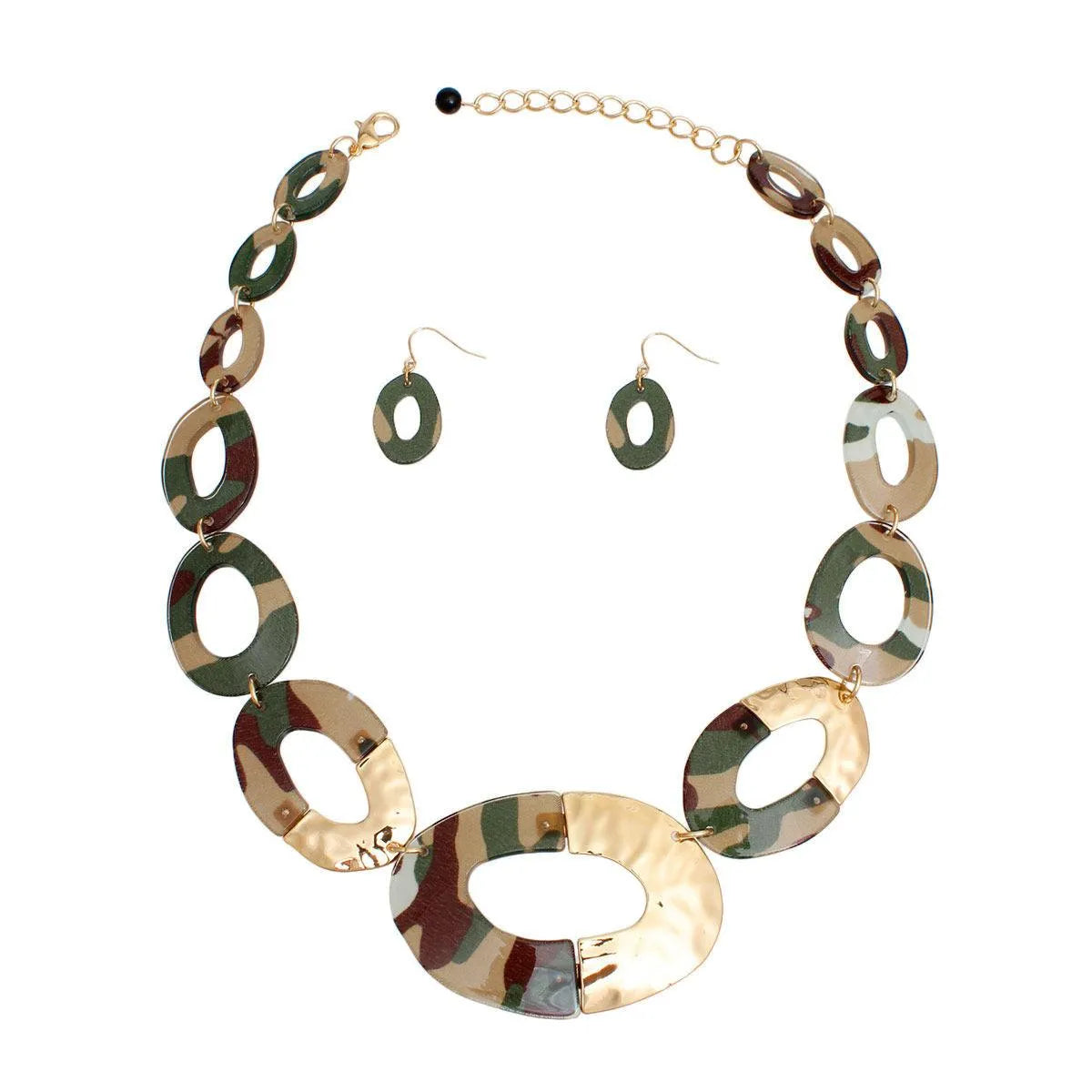 Graduated Camouflage Acrylic Links Necklace Set with Half Gold Metal Details – Statement Jewelry Jewelry Bubble