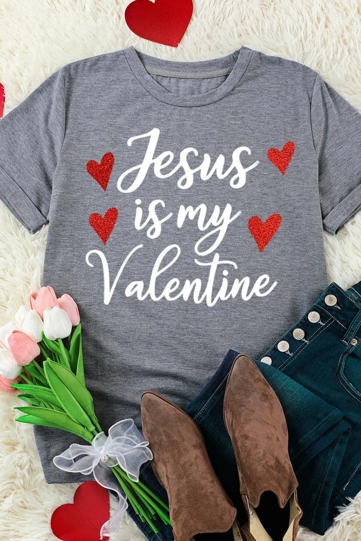 Gray Jesus Is My Valentine Heart Glitter Print Graphic T-Shirt Jewelry Bubble