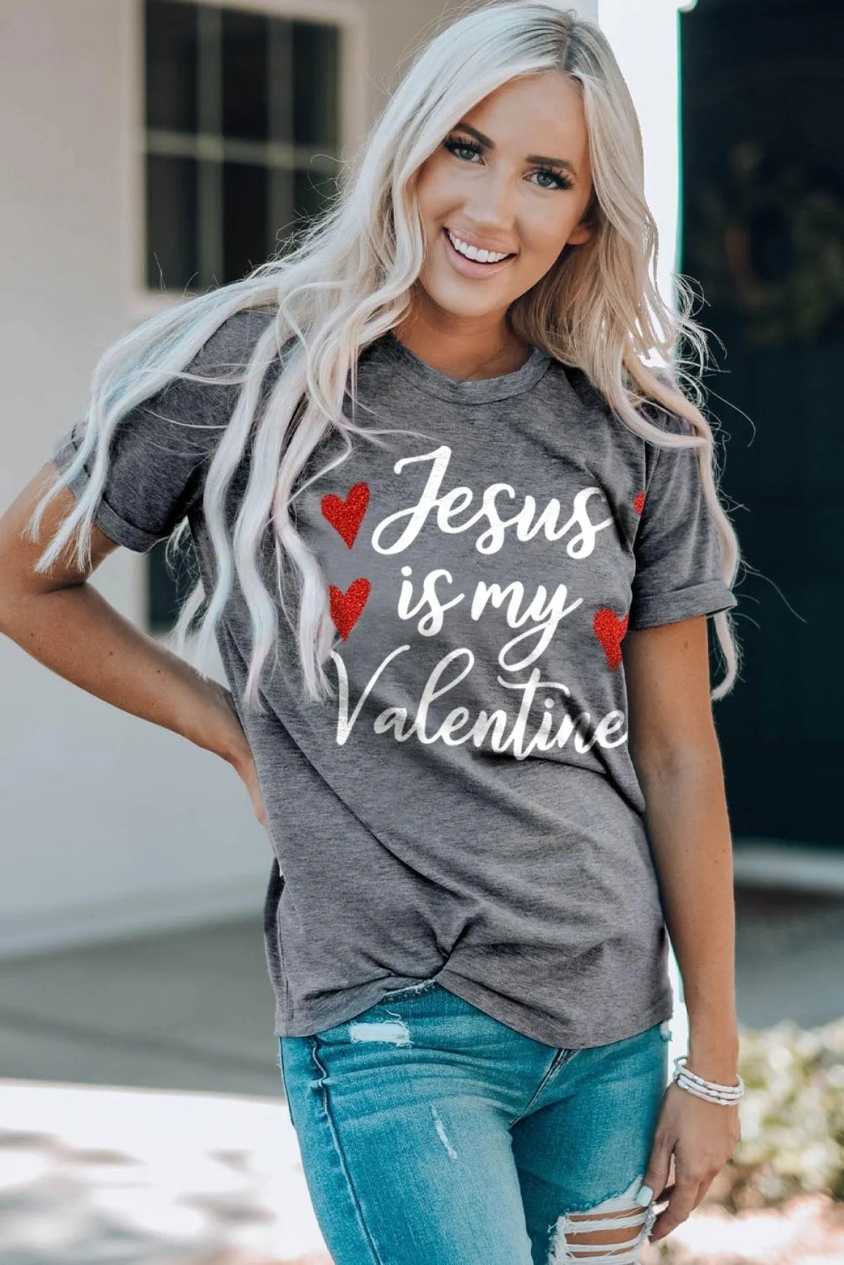 Gray Jesus Is My Valentine Heart Glitter Print Graphic T-Shirt Jewelry Bubble