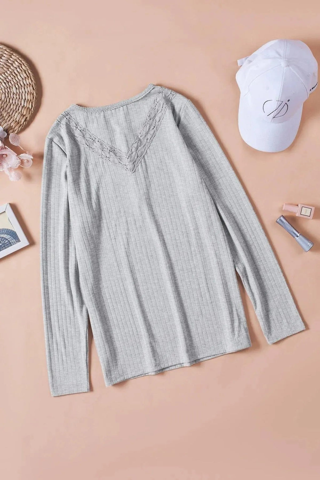 Gray Lace Patchwork Buttoned Long Sleeve Top