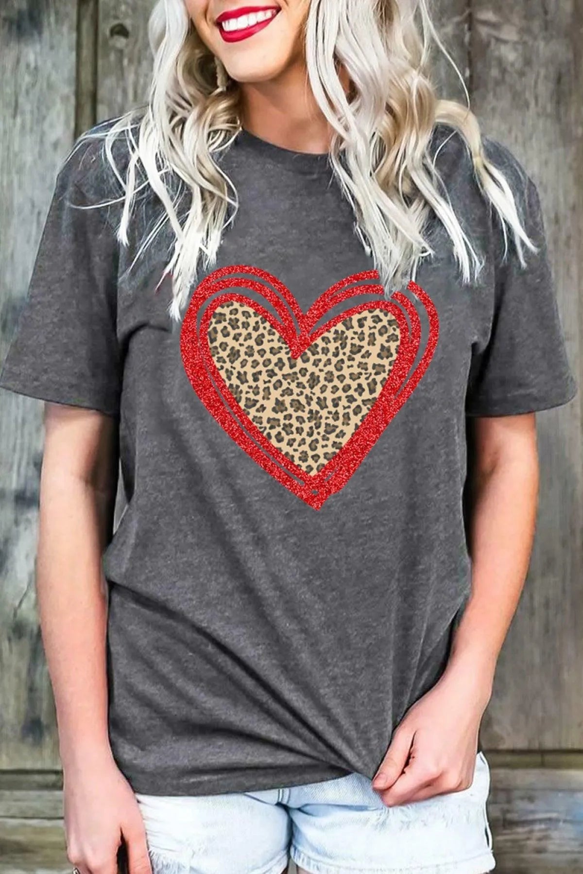 Gray Sequin Tee Leopard Heart Graphic T-Shirt Jewelry Bubble