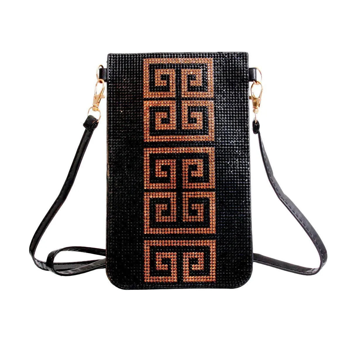 Greek Key Pattern Black Phone Crossbody Bag Jewelry Bubble