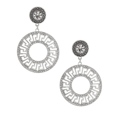 Greek Key Round Silver Tone Sparkle Drop Earrings Jewelry Bubble