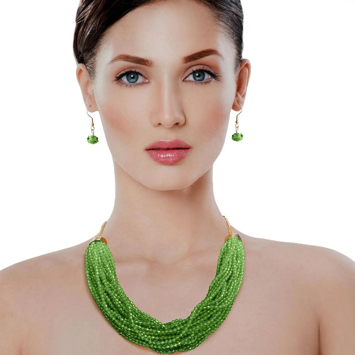 Green Bead Multi Strand Necklace with Earrings Jewelry Bubble