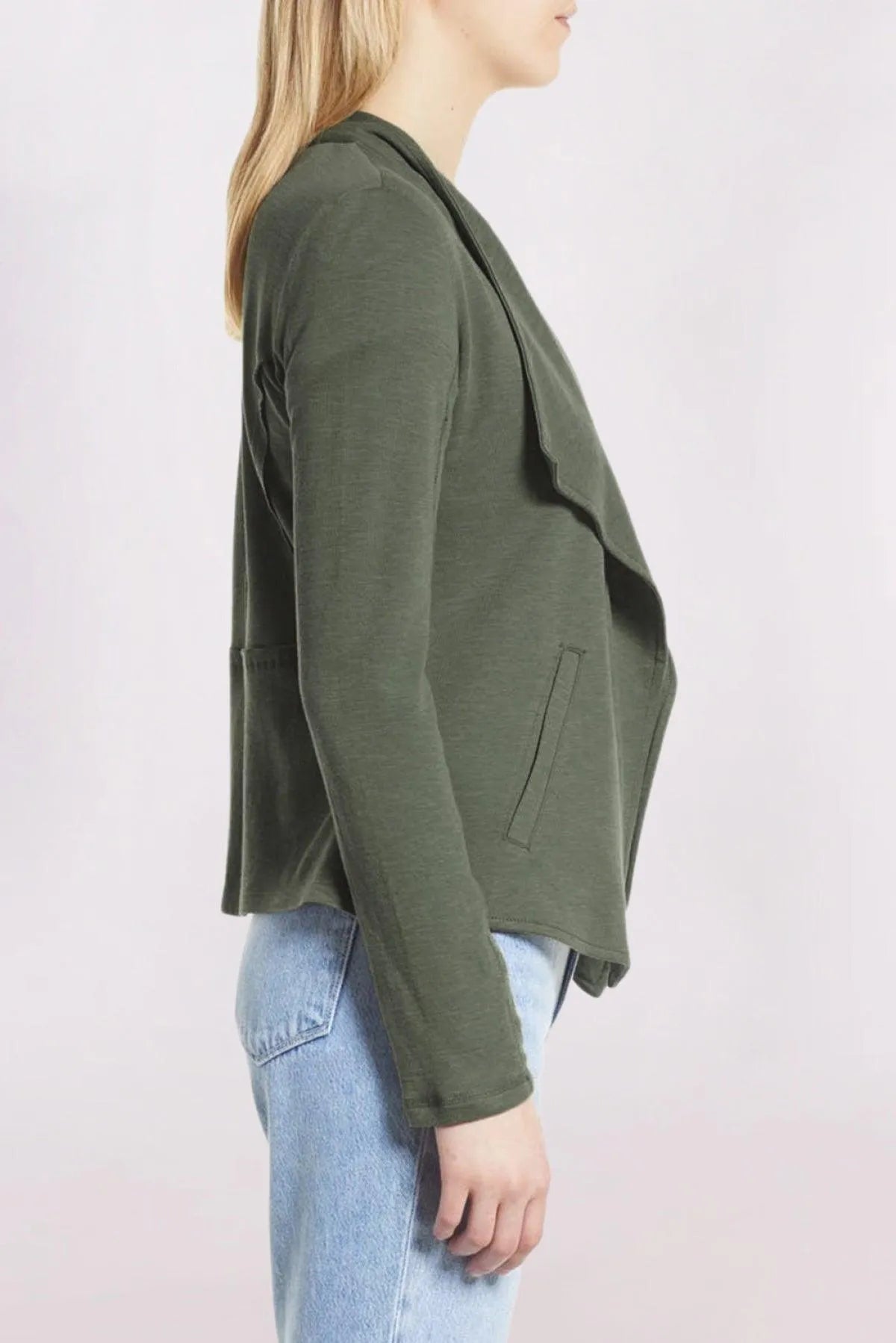 Green Drape Collar Knit Blazer Jewelry Bubble