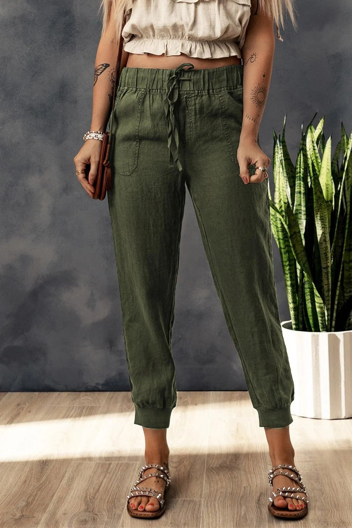 Green Drawstring Elastic Waist Cropped Joggers With Pockets Jewelry Bubble