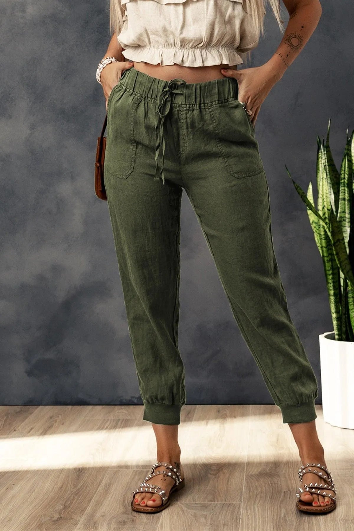 Green Drawstring Elastic Waist Cropped Joggers With Pockets Jewelry Bubble