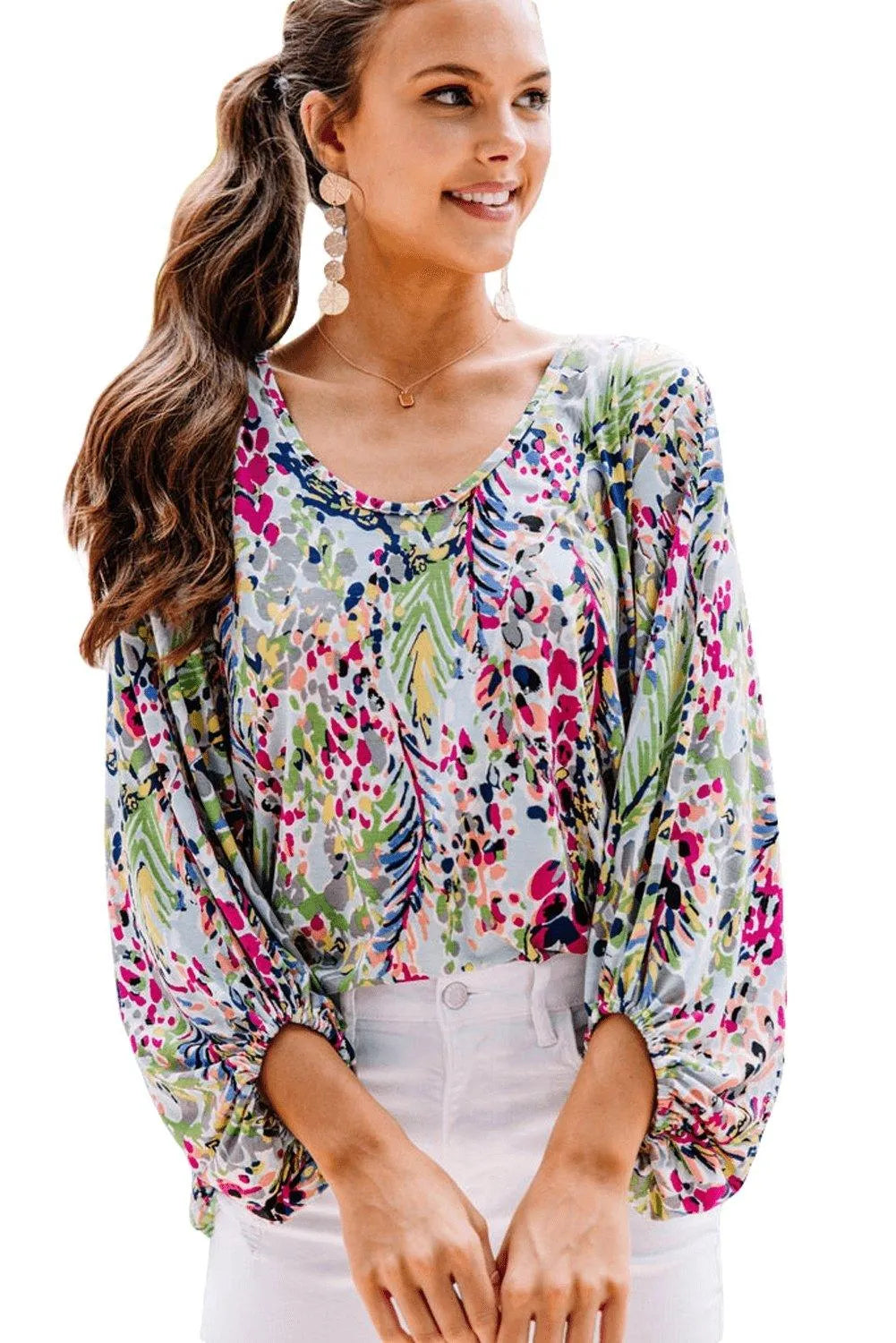 Green Floral Print Puffy Sleeve Loose Blouse Jewelry Bubble