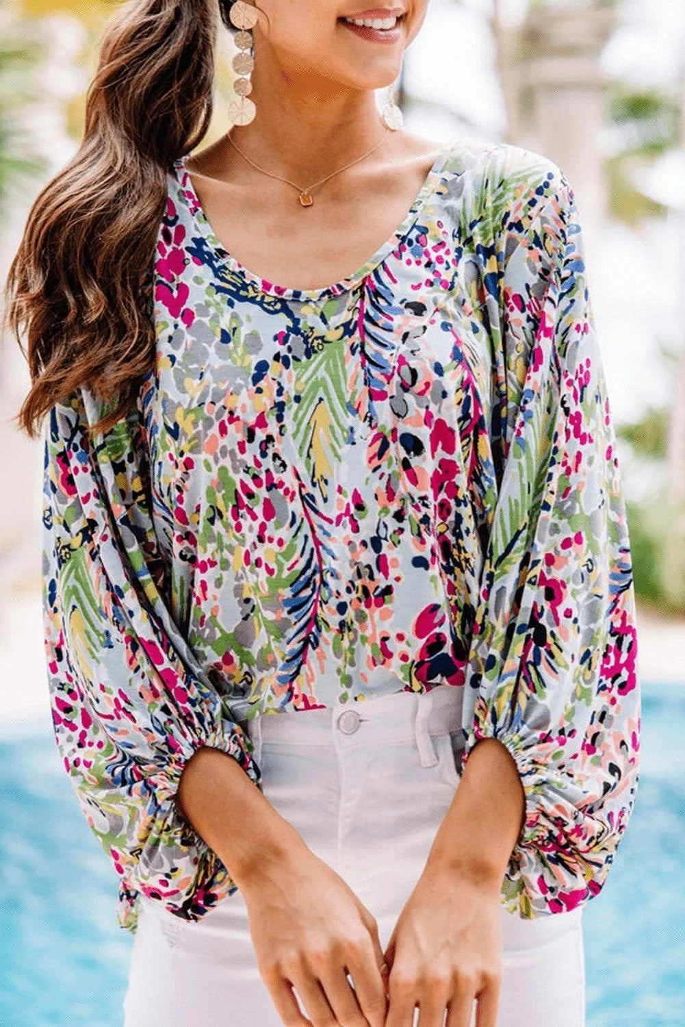 Green Floral Print Puffy Sleeve Loose Blouse Jewelry Bubble