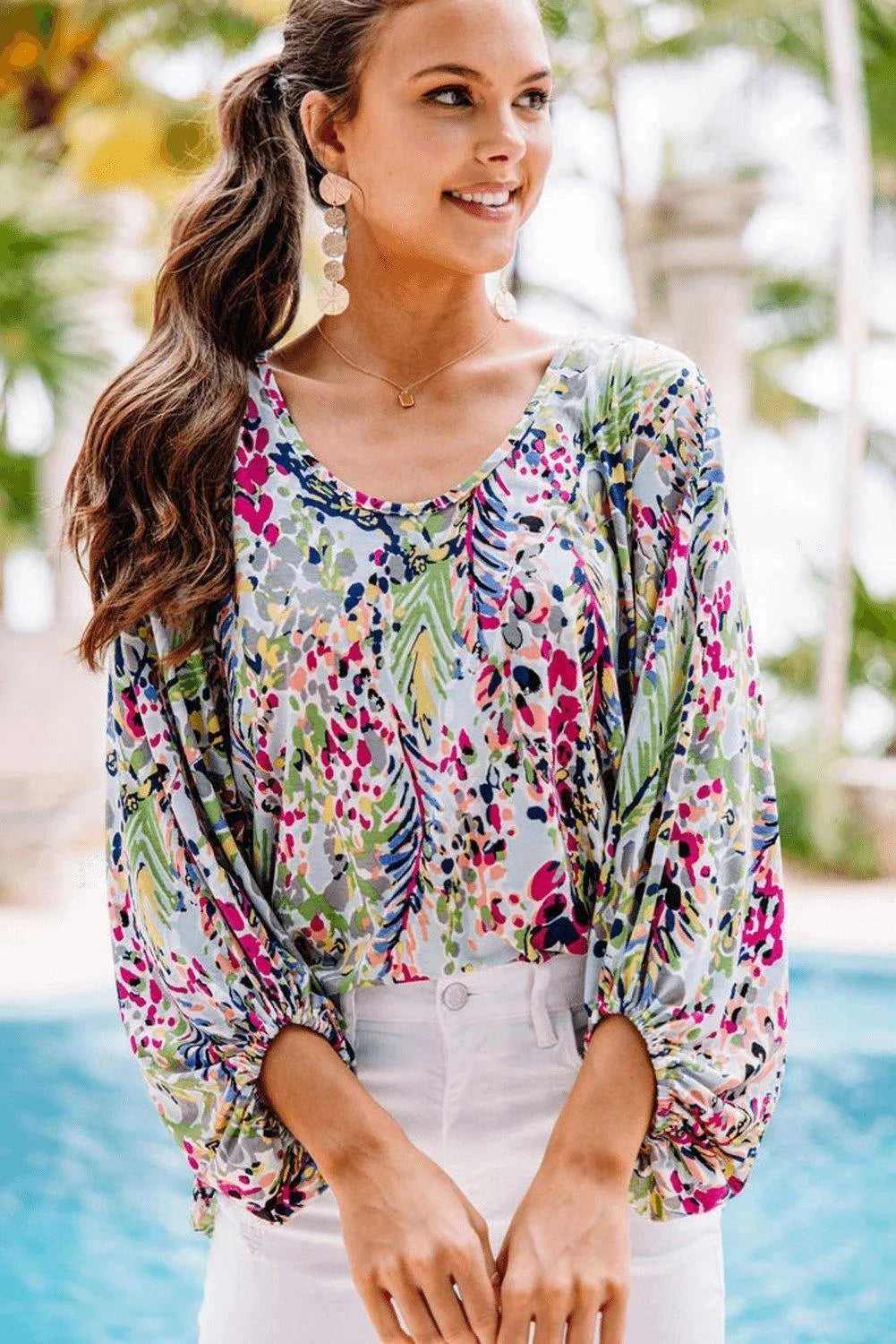 Green Floral Print Puffy Sleeve Loose Blouse Jewelry Bubble