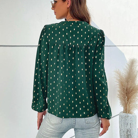 Green Notched Lantern Sleeve Polka Dot Buttoned Blouse Jewelry Bubble