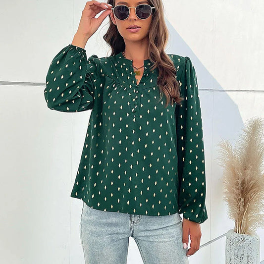 Green Notched Lantern Sleeve Polka Dot Buttoned Blouse Jewelry Bubble