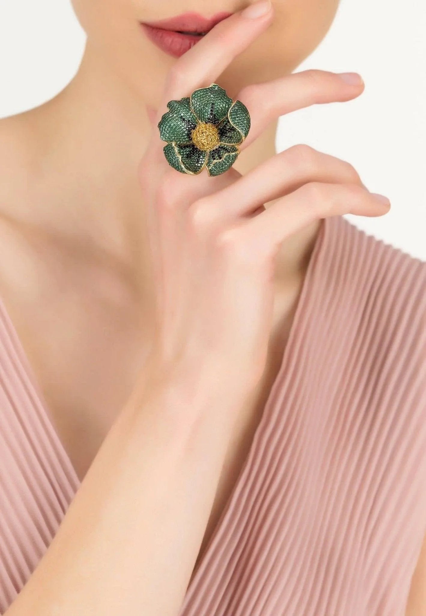 Green Poppy Flower Ring Gold Plated Jewelry Bubble