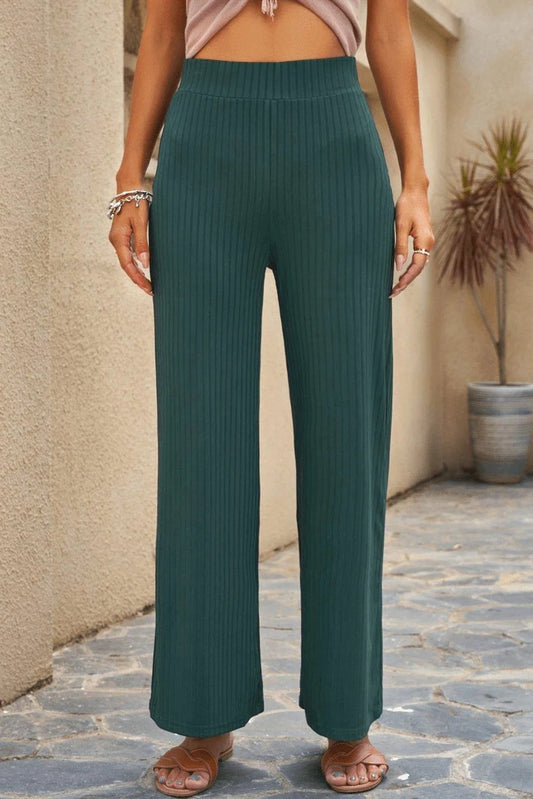 Green Ribbed Knit High Rise Wide Leg Pants Jewelry Bubble