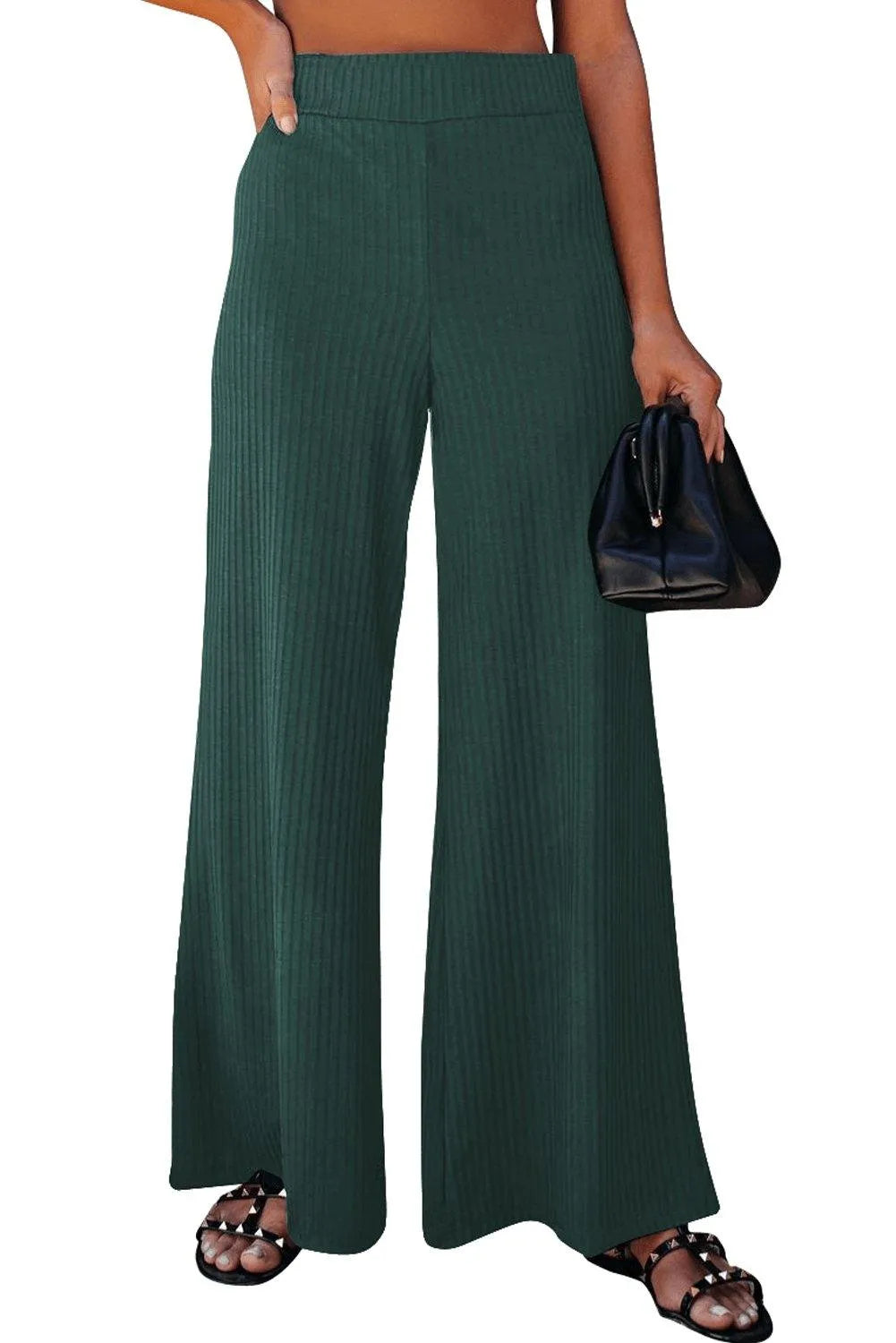 Green Ribbed Knit High Rise Wide Leg Pants Jewelry Bubble