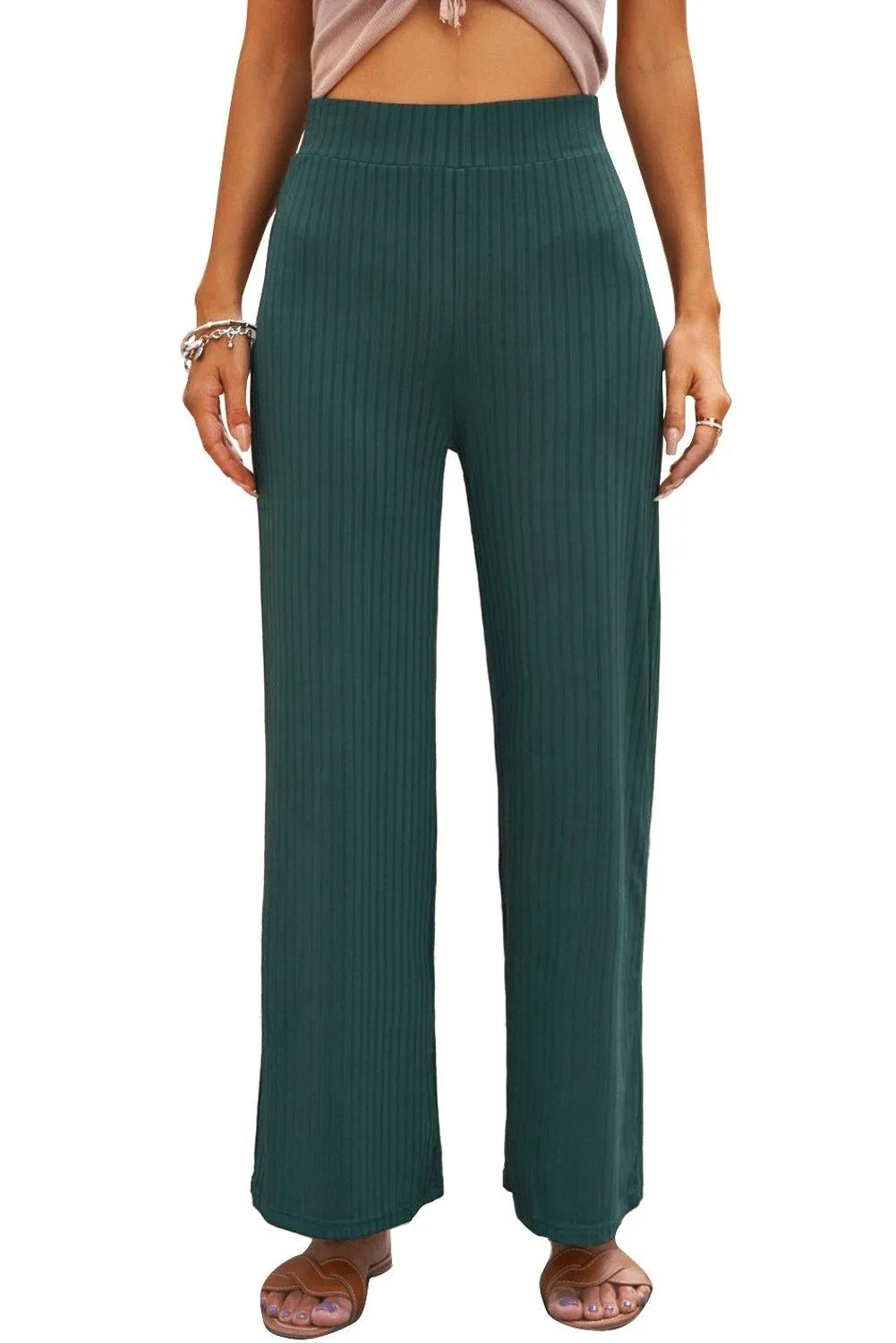 Green Ribbed Knit High Rise Wide Leg Pants Jewelry Bubble