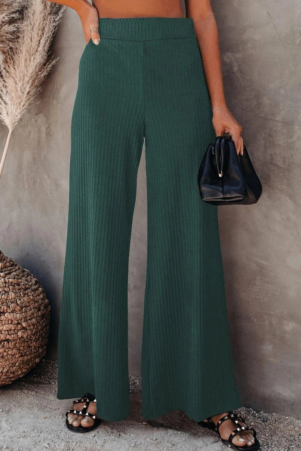 Green Ribbed Knit High Rise Wide Leg Pants Jewelry Bubble