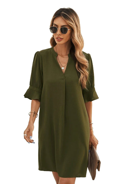 Green Ruffled Sleeve Shift Shirt Dress Jewelry Bubble