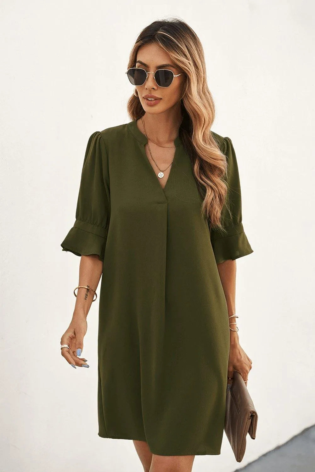 Green Ruffled Sleeve Shift Shirt Dress Jewelry Bubble