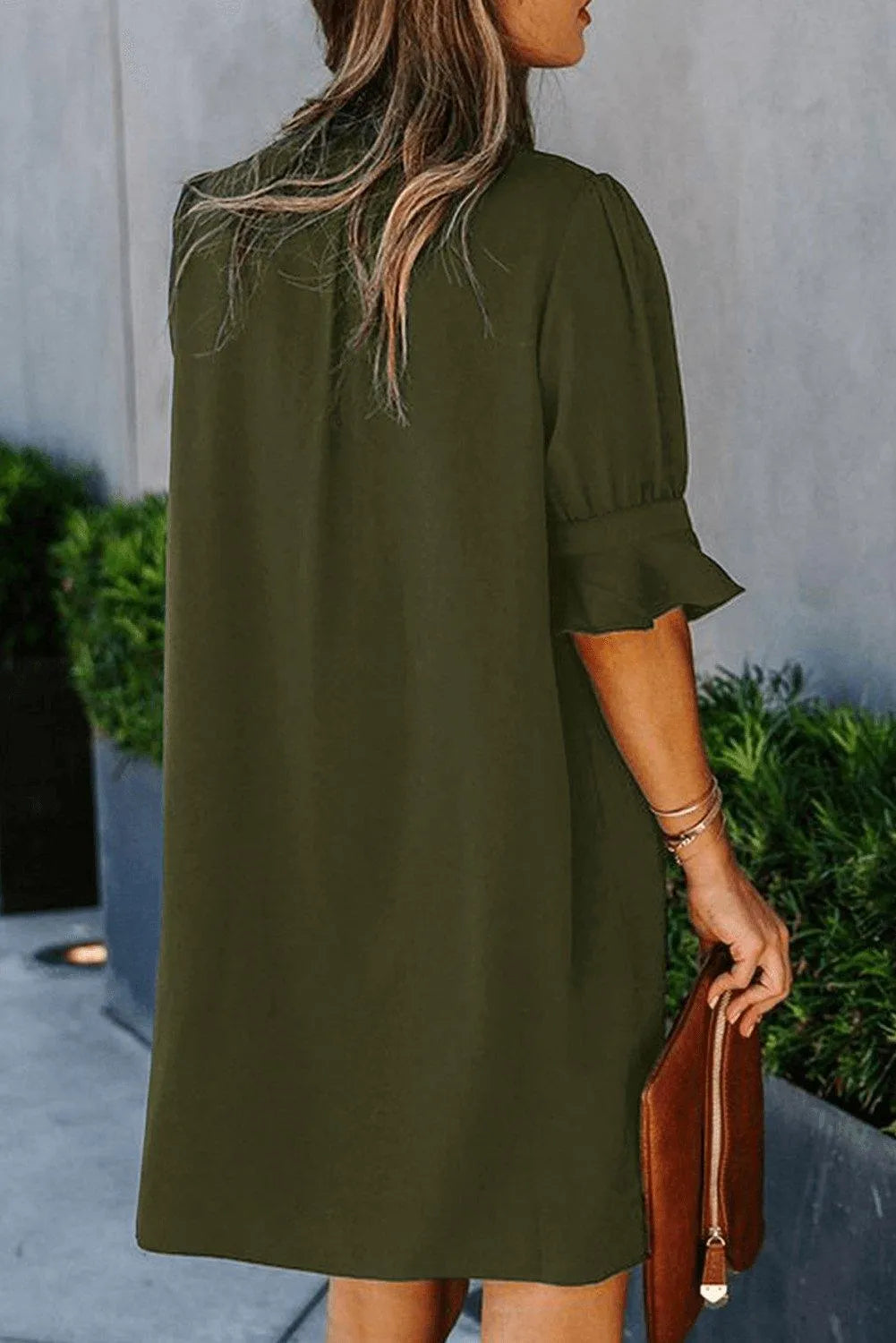 Green Ruffled Sleeve Shift Shirt Dress Jewelry Bubble