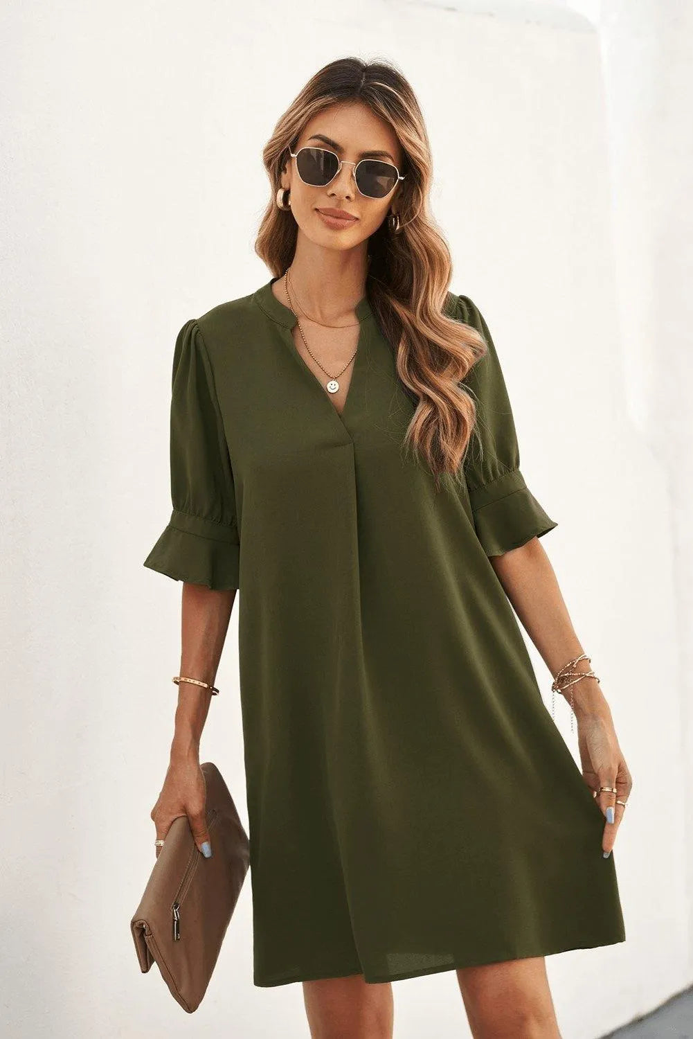 Green Ruffled Sleeve Shift Shirt Dress Jewelry Bubble