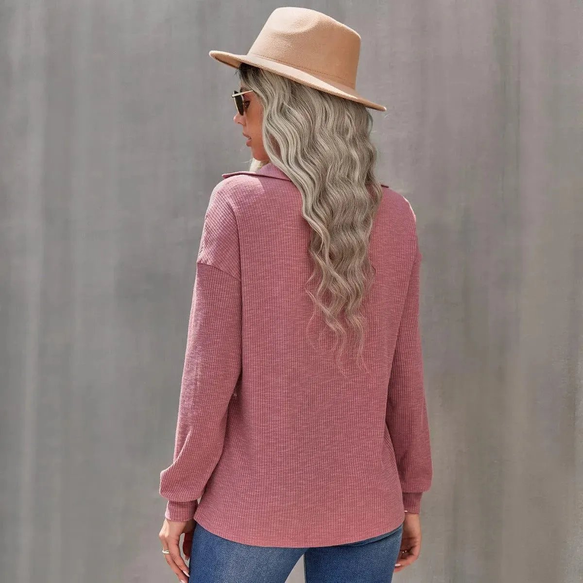 Half Zipper Up Long Sleeve Knit Pullover Top