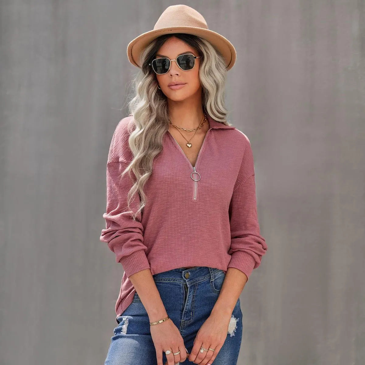 Half Zipper Up Long Sleeve Knit Pullover Top Jewelry Bubble