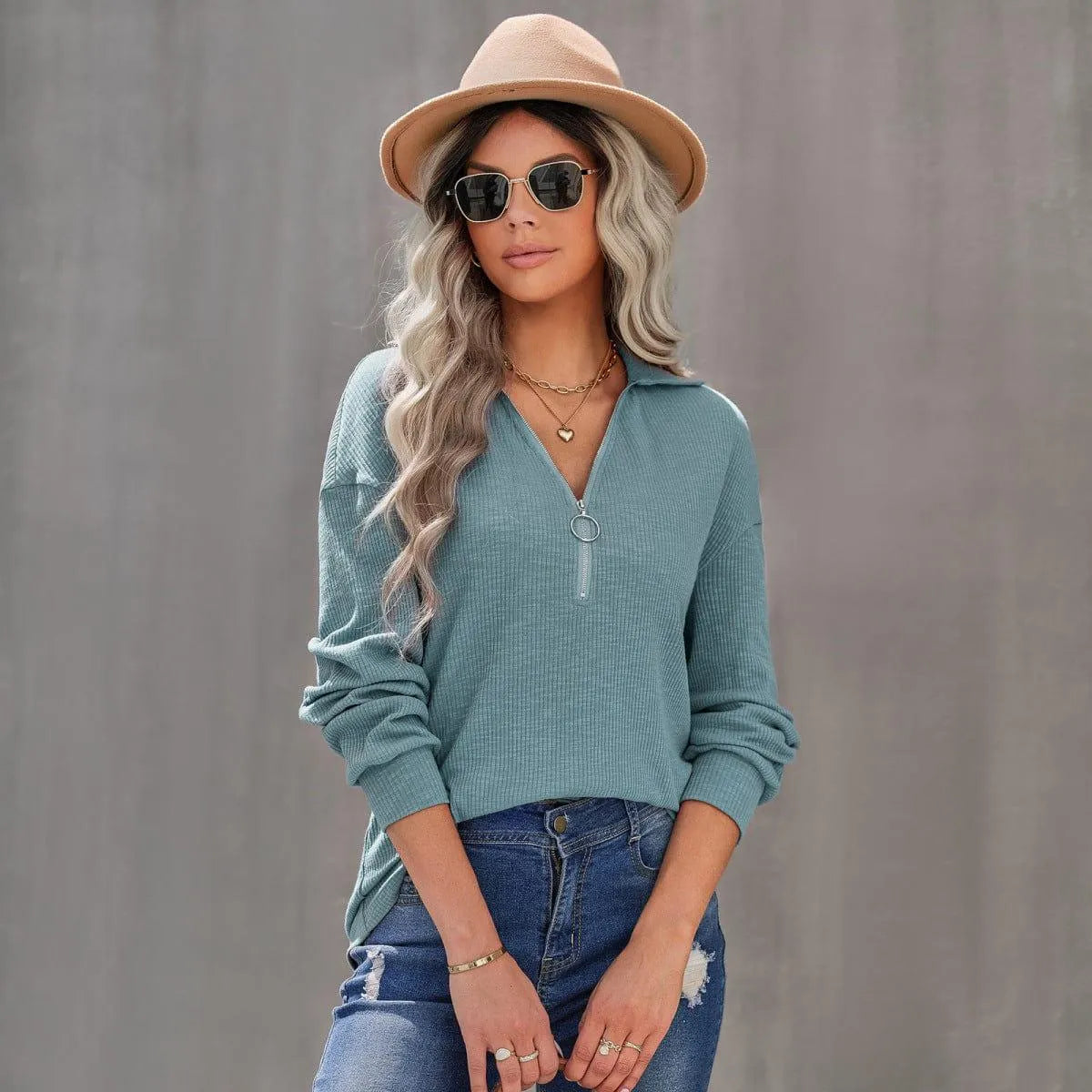 Half Zipper Up Long Sleeve Knit Pullover Top Jewelry Bubble