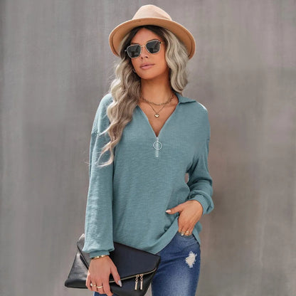 Half Zipper Up Long Sleeve Knit Pullover Top Jewelry Bubble