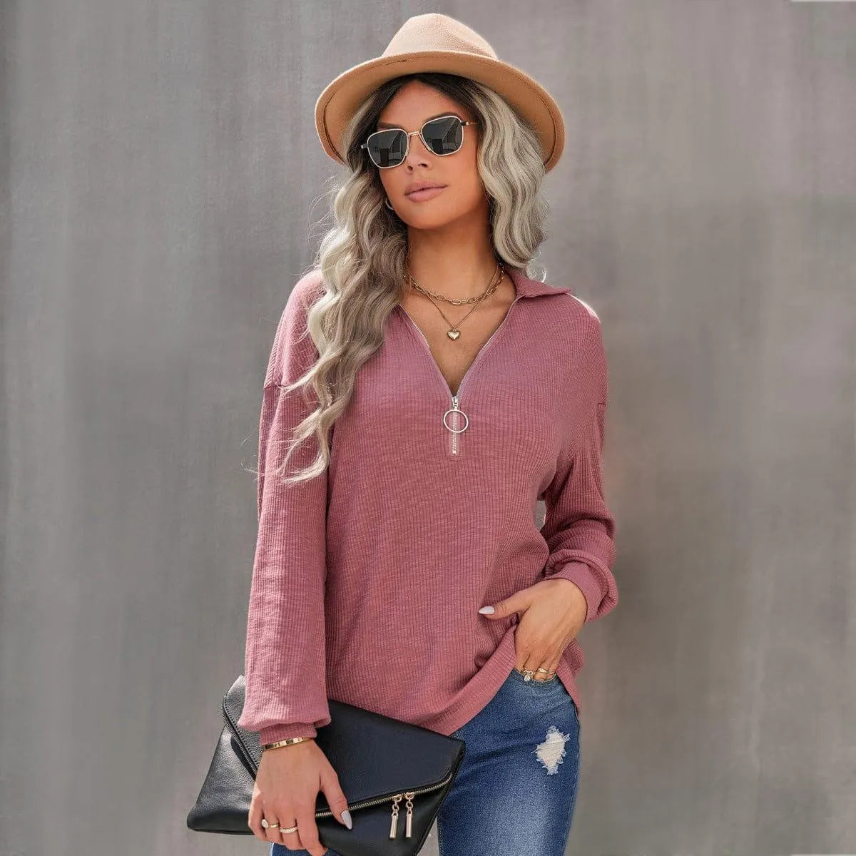 Half Zipper Up Long Sleeve Knit Pullover Top Jewelry Bubble